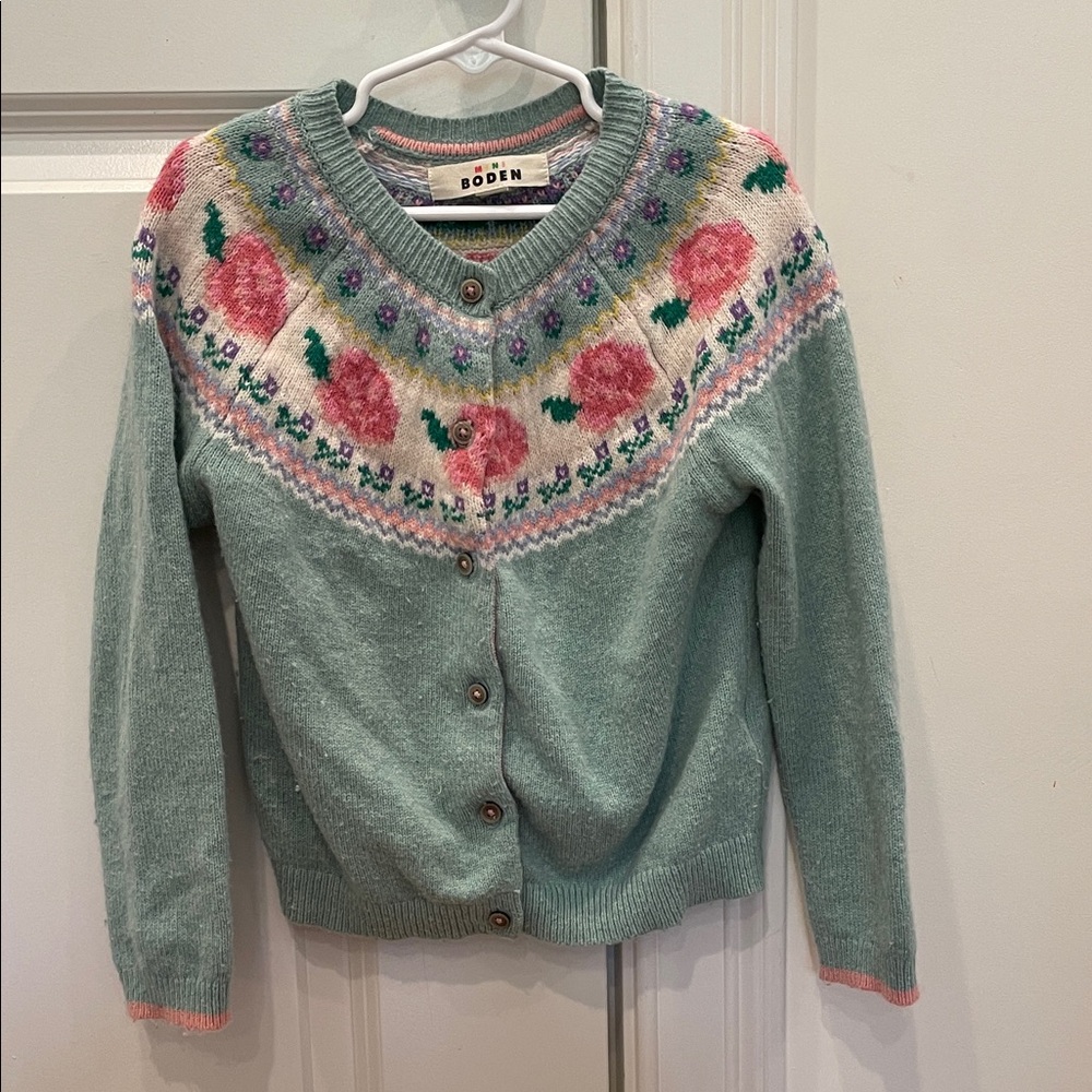 Mini Boden 6-7 Floral Cardigan - Mint and Pink